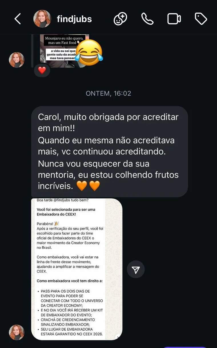 Aluna agradecendo e selecionada embaixadora do evento