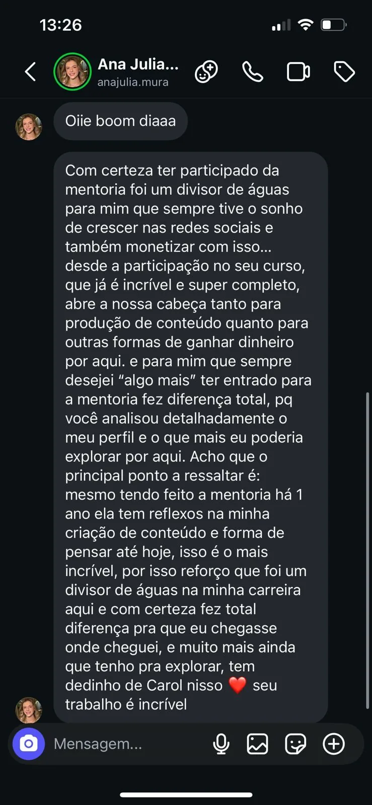 Ana Julia: a mentoria foi um divisor de aguas
